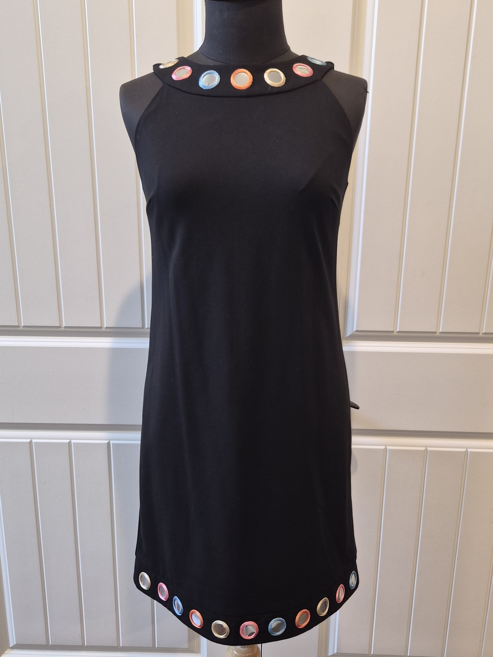Black Midi Dress with Colorful Circular Trim